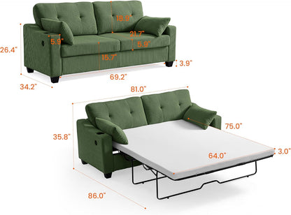 Pull Out Sofa Bed, Full Size Sleeper Sofa, 2-in-1 Convertible Corduroy Couch with USB Charging, Memory Form Couch for Living Room, Apartment and Small Space (Green, Corduroy - Queen Size)