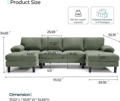 LINSY HOME Sectional Couch, 111'' W Corduroy U Shaped Sofa with Sleepable Armrests, 4 Seat Couch with Double Chaises, Deep Seat Sofa for Living Room, Army Green