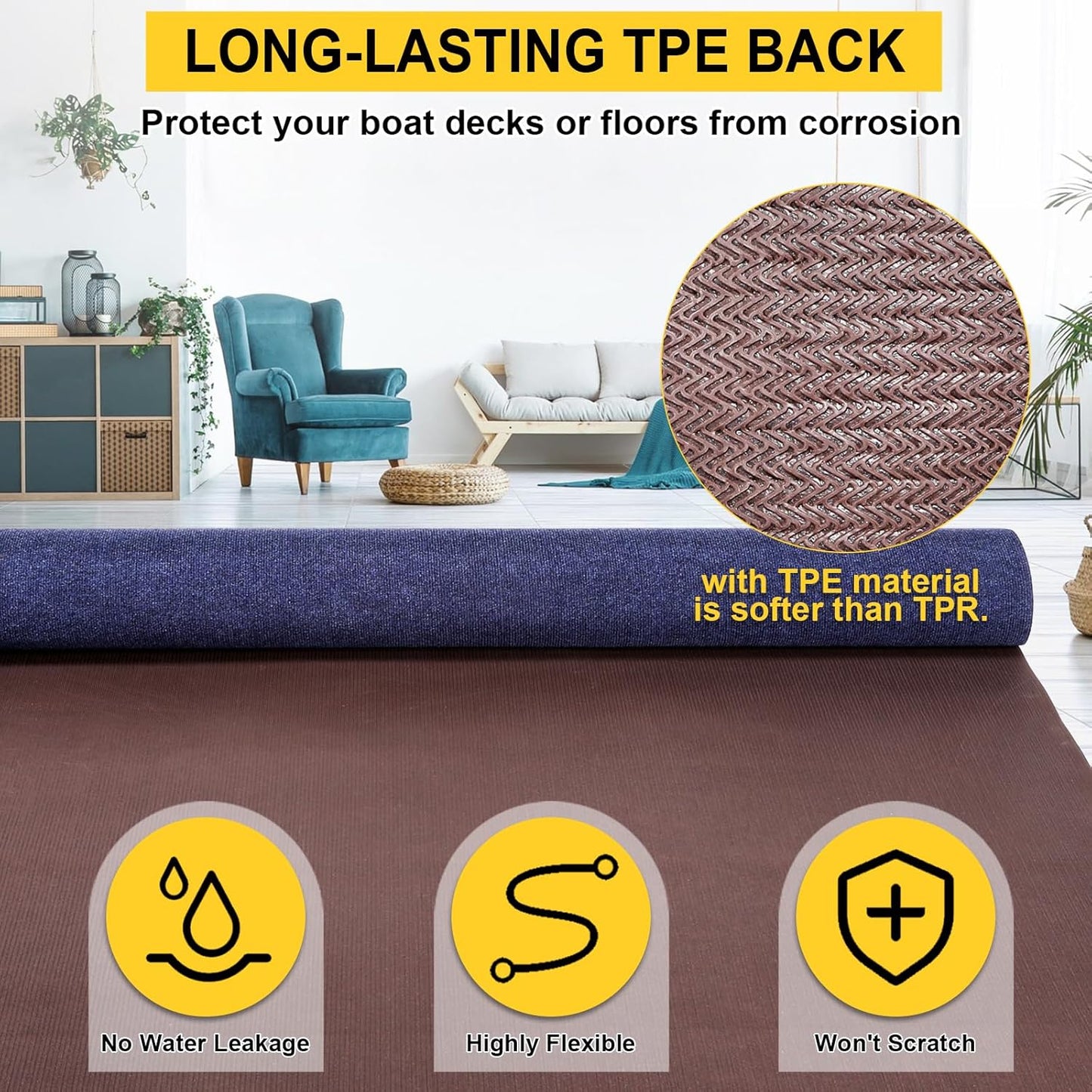 Marine Carpet,6 FT x 18 FT Deep Blue Indoor Outdoor Carpet 0.2" Thick Boat Carpet with Water-Proof TPE Backing, Non-Slide Outdoor Marine Carpet Roll for Home, Patio, Porch, Deck