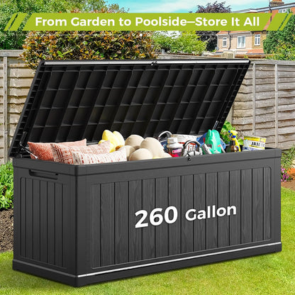 Vantic 260 Gallon Outdoor Resin Storage Deck Box Waterproof, Outdoor Large Deck Box Lockable & UV-Resistant, Outside Cushion Storage Bin for Patio Furniture, Garden Tools, Pool Accessories, Black