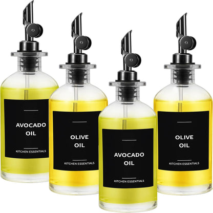 Olive Oil Dispenser Bottle - Includes 55 Kitchen Essential Labels - Cooking Oil Bottles for Kitchen, Coffee Syrup Dispenser - Pourer Spout with 11.8 fl oz Glass Container Cruet - 4pcs, Black
