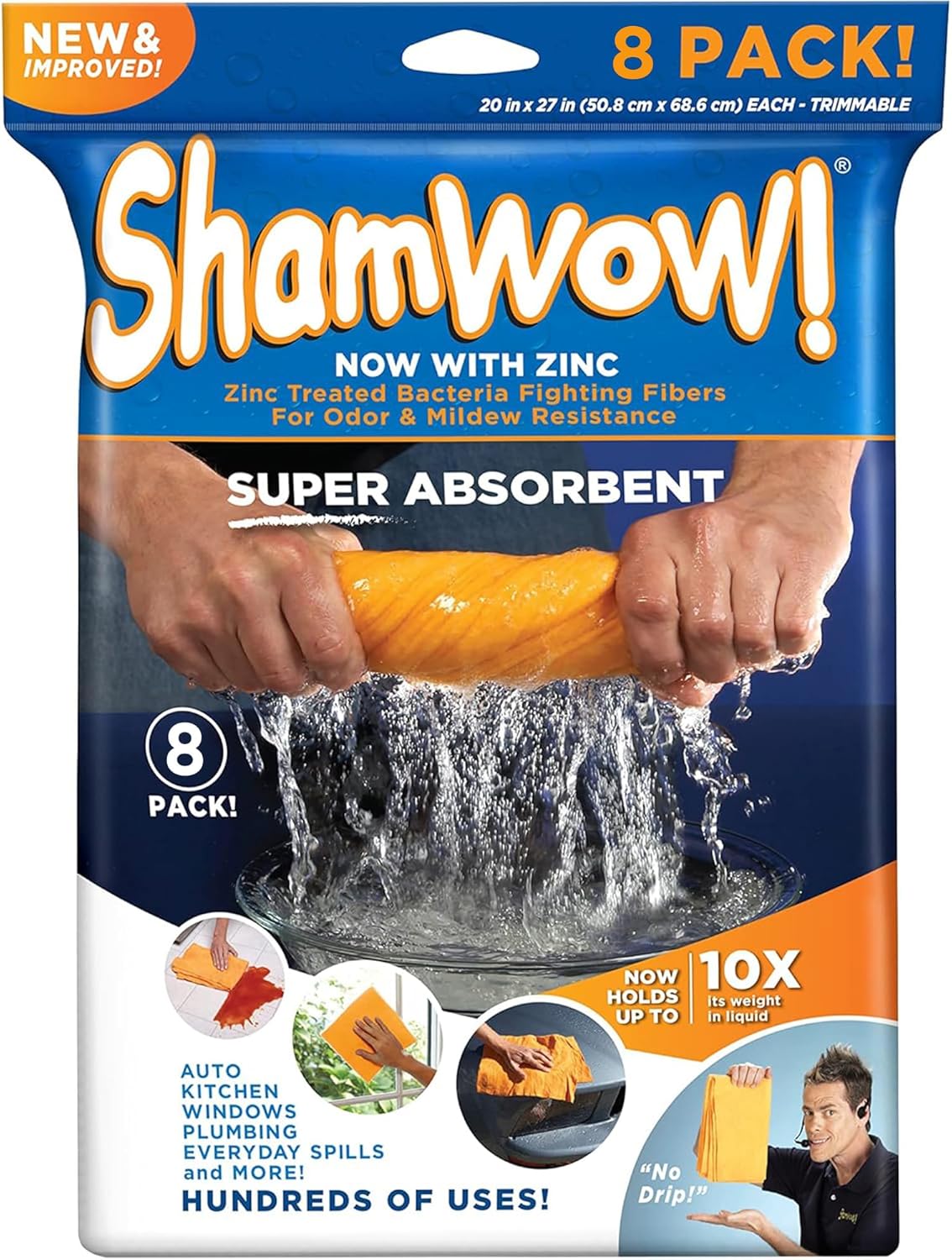 Original Shamwow - Super Absorbent Multi-Purpose Cleaning Shammy Chamois Towel Cloth - Holds 10X its Weight in Liquid - Machine Washable - Will Not Scratch (8 Pack, Orange)