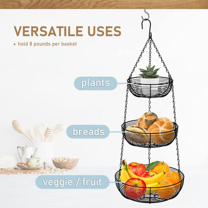 CAXXA 3-Tier Hanging Basket Fruit Organizer Kitchen Heavy Duty Wire Organizer with 2 Free Bonus Metal Ceiling Hooks, Black