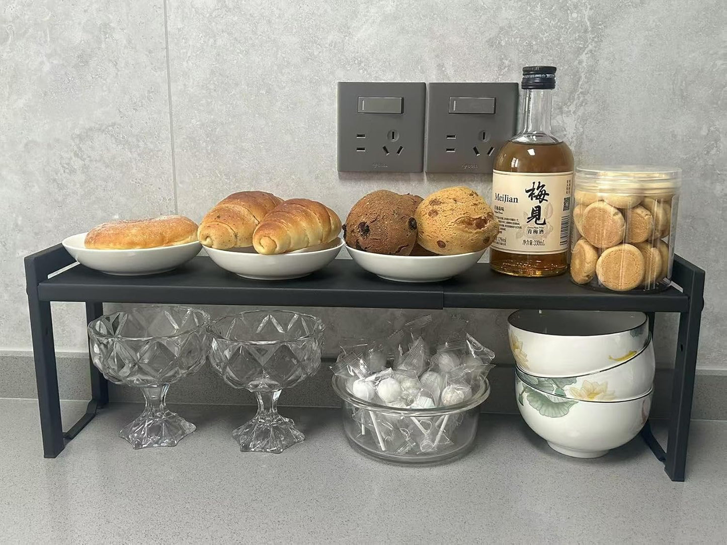 Expandable Cabinet Shelf Organizer 16-26" L Stackable Kitchen Counter Shelf Rack Stand Sink Riser Countertop Storage Black (Narrow 5.1”D)