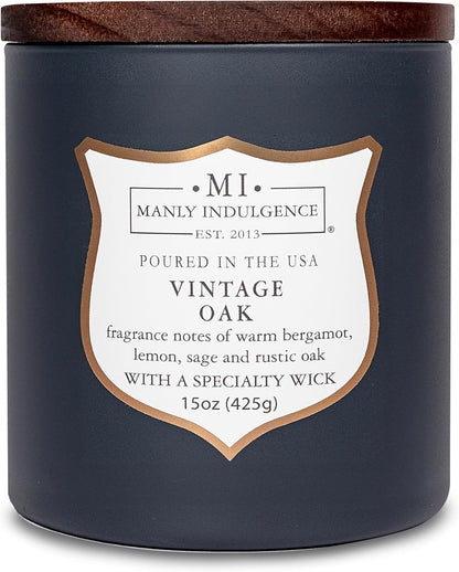 Manly Indulgence Vintage Oak Scented Candles for Men, 15 oz Wooden Wick, Premium Soy Blend Wax, 60H Burn, Candles for Home Scented - Made in The USA