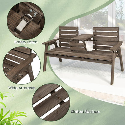 Tangkula Outdoor Fir Wood Bench with Foldable Middle Table, 2-3 Person Garden Bench with Backrest and Armrests, 710 lbs Weight Capacity, Slatted Seat Bench for Porch, Patio, Backyard