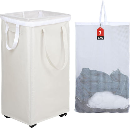 DOKEHOM 90L X-Large Laundry Basket with Removable Wash Bag on Wheels, Collapsible Rolling Laundry Hamper, Foldable Clothes Organizer, Folding Washing Bin (Beige)