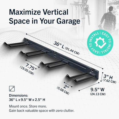 StoreYourBoard Wall-Mounted Rack With 4 Garage Hooks – Heavy-Duty Steel Holder Garage & Garden Storage for Shed, Workshop, or Home Organization – For Rakes, Shovels, Tools & More – 1 Pack, Deep Water