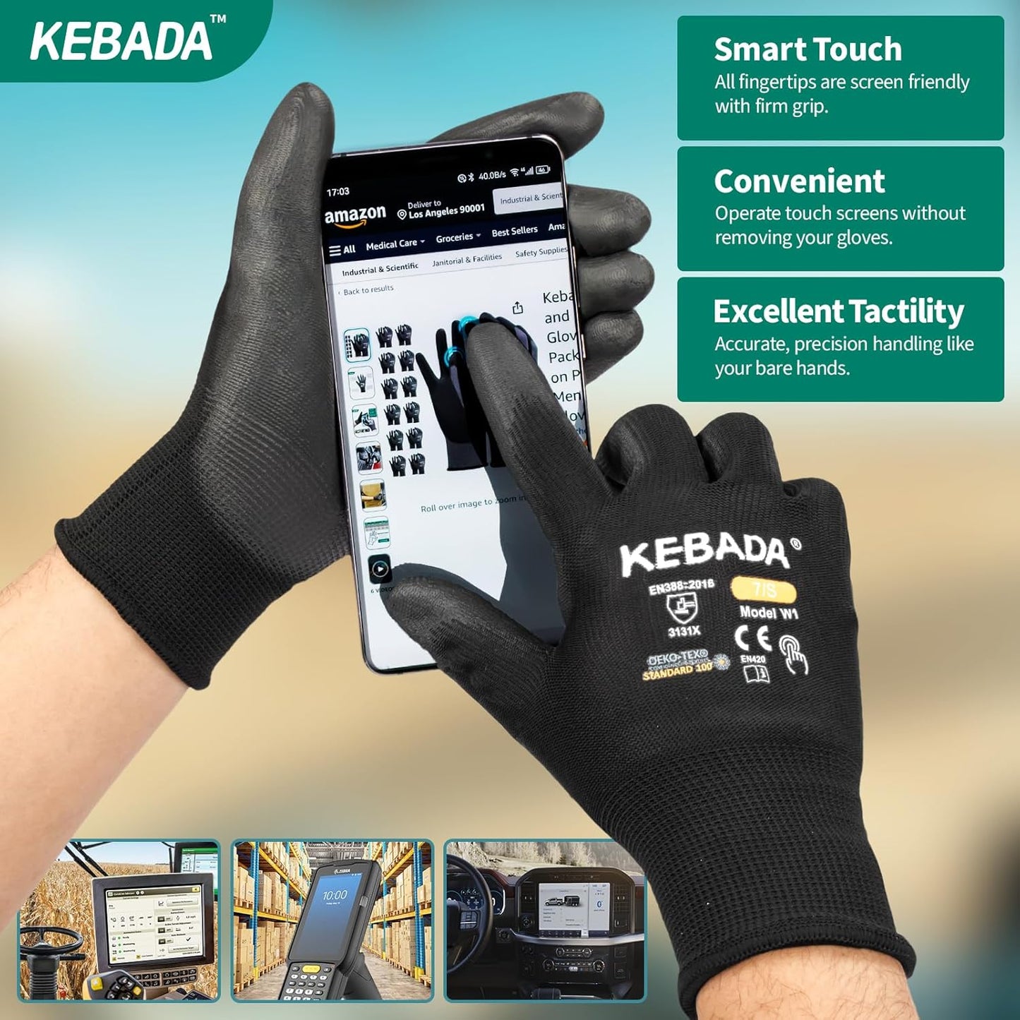 Kebada Safety Work Gloves,120 Pairs Bulk Pack, Touchscreen, PU Coated, Ideal for Warehouse, Construction, Gardening and Mechanics, Black, Medium