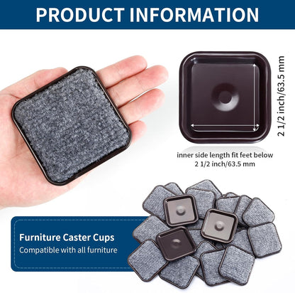 Ezprotekt 2 1/2" Square Reusable Felt Furniture Caster Cups with Carpet Bottom, 16 Pcs Felt Furniture Sliders Floor Protectors Pads to Protect Hardwood, Tile or Floors from Scratches (Brown/Gray)