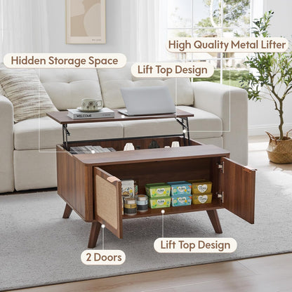 AVZEAR Lift Top Coffee Table with Storage, Mid Century Modern Coffee Table with Nature Linen Doors & Large Hidden Storage, Rounded Corners Center Table Farmhouse Coffee Tables for Living Room, Walnut