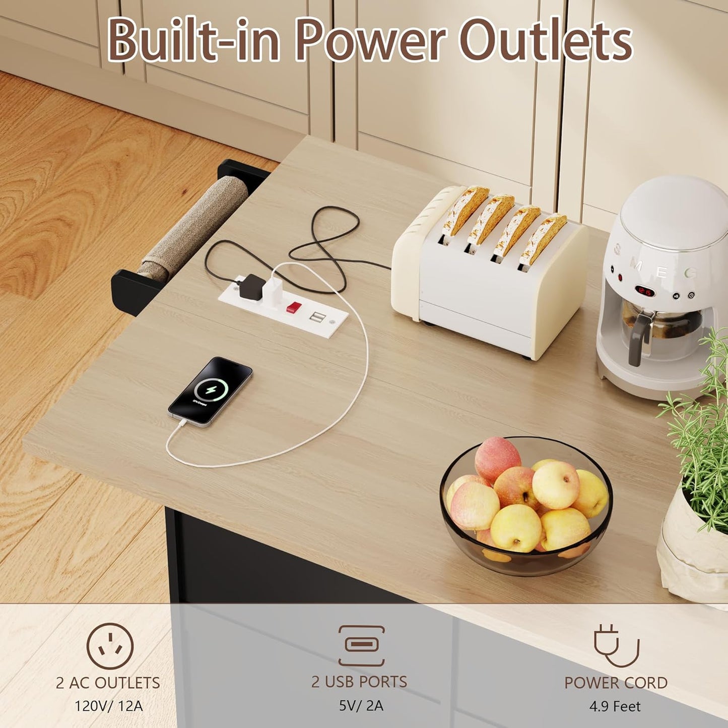 Kitchen Island with Drop Leaf & Power Outlet, Rolling Kitchen Island on Wheels with Trash Can Storage, Island Table Bar Cart with Spice Rack, Towel Rack, Drawers, Mobile Kitchen Carts on Wheels