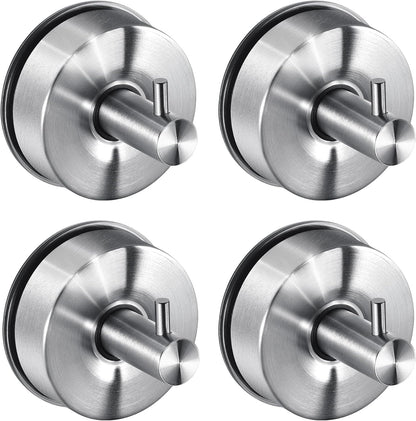 JOMOLA Brushed Stainless Steel Shower & Bathroom Hooks - No Drill Adhesive-Free Suction Cup Hardware, Rustproof Waterproof Metal Wall Mount for Towel Robe, Damage-Free (4-Pack)