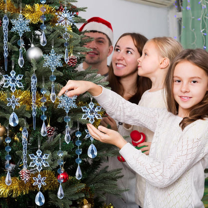 18pcs Crystal Christmas Ornaments for Christmas Tree Decorations-Blue Hanging Acrylic Snowflake and Icicle Ornaments with Drop Pendants for New Year Party Decorations Supplies