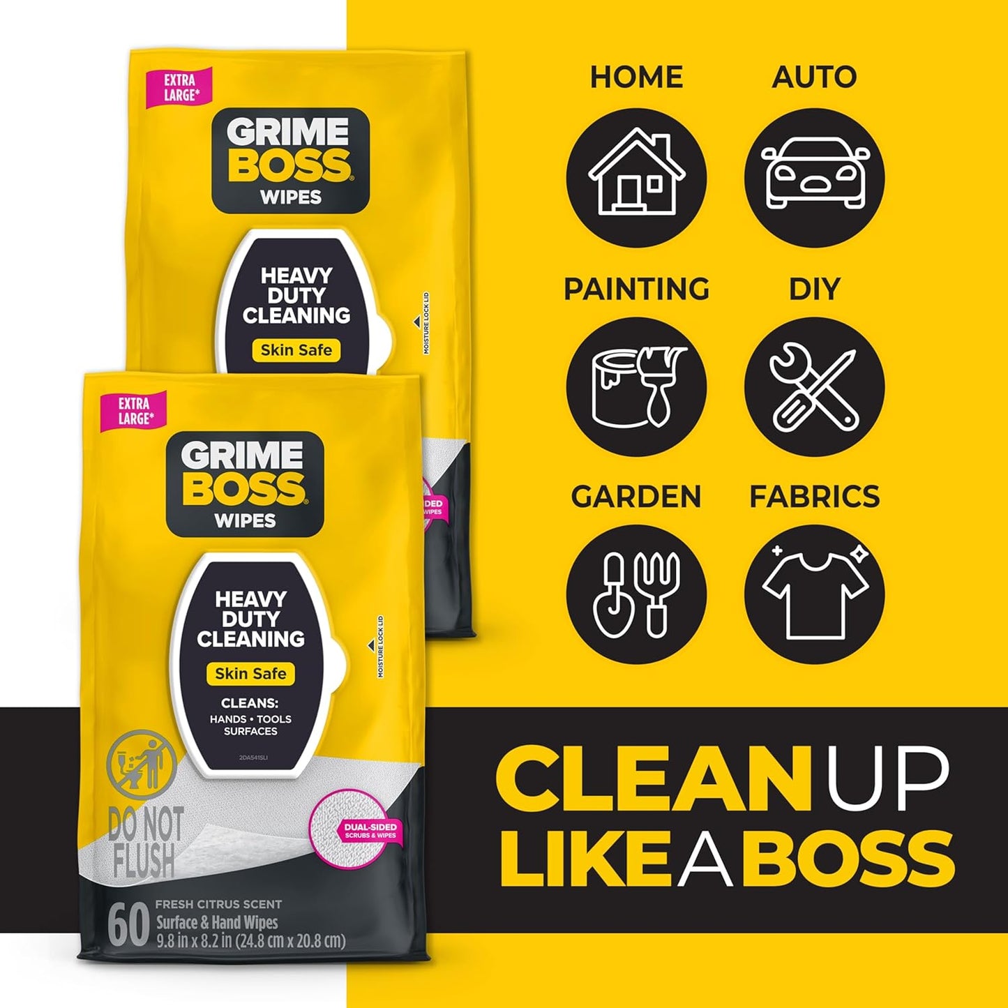 Grime Boss Heavy Duty Surface and Hand Wipes (2x60ct) | Wet Wipes Remove Paint, Oil, Grease, Adhesives, Mud, Dirt | Shop Wipes Replace Cleaners like Rags, Towels, Pumice, Soap