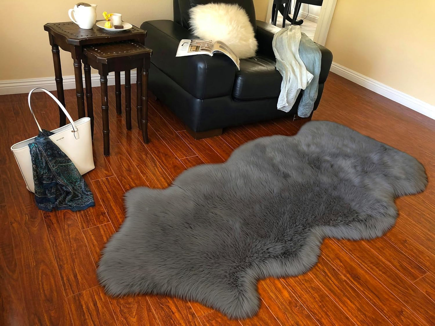 LAMBZY Faux Sheepskin Super Soft Hypoallergenic Free Shape Silky Shag Rug, Luxury Shaggy Plush Carpet for Bedrooms Living Kids Room Sofa Rugs (Dark Grey, Single and a Half 2'x4')
