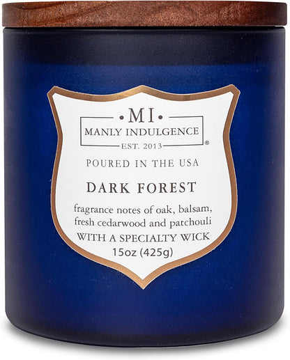 Manly Indulgence Dark Forest Scented Jar Candle for Men, Wood Wicked Candle, 15 oz - Oak, Balsam, Fresh Cedarwood & Patchouli - Up to 60 Hours Burn, Soy Blend Wax, USA Poured, Navy Blue