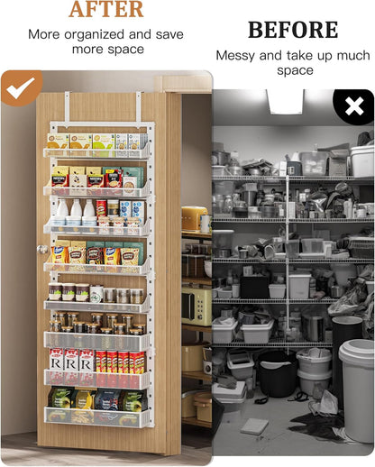 Over the Door Pantry Organizer 8-Tier, Large Metal Door Spice Rack with Adjustable Basket, 2 in 1 Wall Mount or Hanging Heavy-Duty Pantry Door Storage Shelf for Kitchen and Bathroom, White
