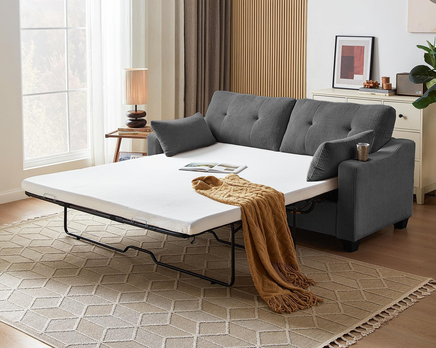 Pull Out Sofa Bed, Full Size Sleeper Sofa, 2-in-1 Convertible Corduroy Couch with USB Charging, Memory Form Couch for Living Room, Apartment and Small Space (Dark Grey, Corduroy - Queen Size)