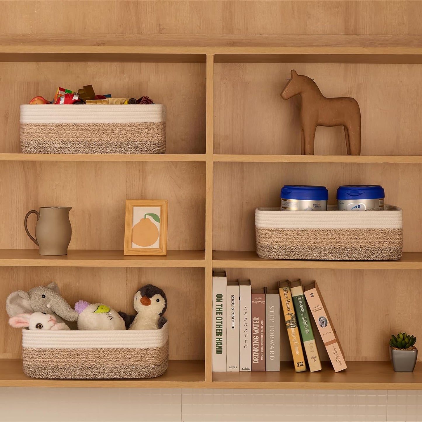 Large Shallow Organizing Baskets 15x11x5.1 Inches - Rope Woven Storage Bins for Bathroom, Shelves, Cube Closet, Gradient Brown 2 Packs