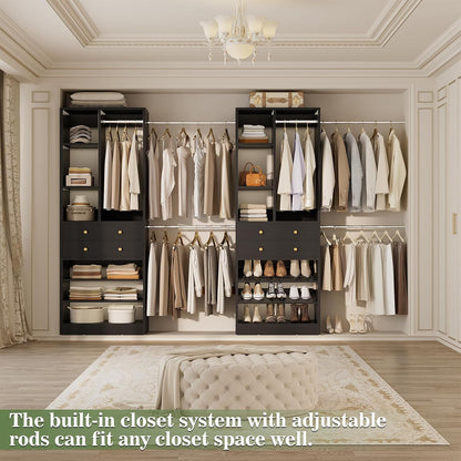 Closet System, Up to 134"/11.2 FT Closet Organizer with 4 Wooden Drawers and Shelves, Walk-in Closet System with 6 Hanging Rods, Built-in Closet Can Fit 96"/8FT, 120"/10FT, Black