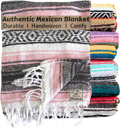 Del Mex Classic Mexican Blanket, Large Authentic Woven Falsa Throw (70"x50"), Artisan Southwest Décor for Beach, Yoga, Outdoors (Pink)