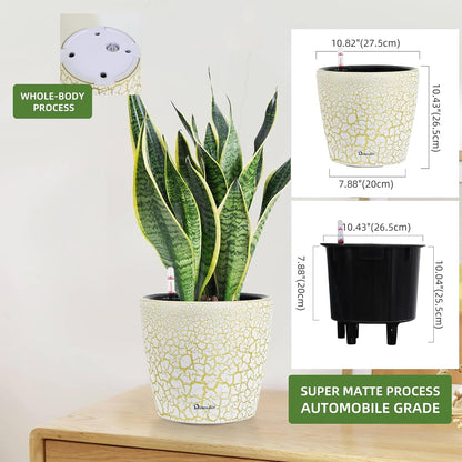 Dexceder 11x10 Inches Self Watering Planter Indoor Outdoor, Inner Pot Design, Thickened Table Flower Plant Pot with Water Level Indicator (White Gold Crackle)