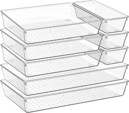 8-Pack Clear Plastic Drawer Organizer Trays – Large Dividers for Kitchen Gadgets, Bathroom Storage, Makeup & Vanity Accessories – Multi-Use Home Essentials for Organized Living