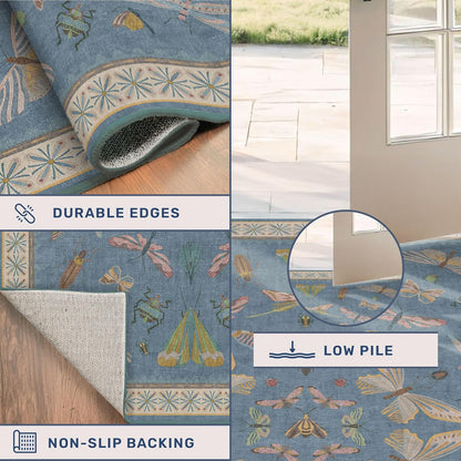 Boho Non Slip Kitchen Rug Runner - 2x6 Blue Washable Rug for Bathroom, Laundry Room, Hallway, Non Slip with Rubber Backing, Insect Print Unique Runner