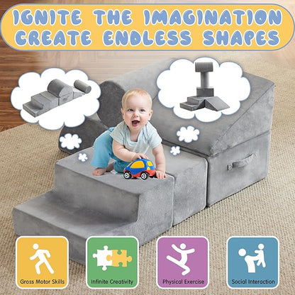jela Foam Blocks 6Pcs Soft Play Equipment Soft Velvet, Toddler Climbing Toys Indoor Soft Play Climbing for Toddlers, Lightweight Climbing Blocks for Babies, Kids, Climb and Crawl Foam Playset