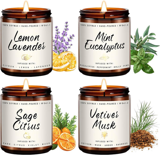 Auelife Scented Candles Set | Scented Candle for Home - 4 Pack Candle Gifts, Soy Candles for Home - Aromatherapy Gift of Mint Eucalyptus/Lemon Lavender/Sage Citrus/Vetiver Musk