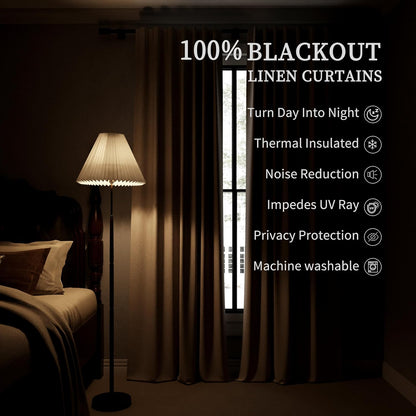 Light Brown Linen 100% Blackout Curtains for Bedroom 102 Inch Long 2 Panels Window Curtain Floor to Ceiling Length for Living Room Sliding Glass Door Back Tab Linen Room Darkening Drapes 52x102