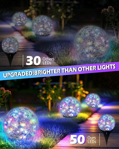Garden Solar Ball Lights Outdoor Waterproof, 50 LED Cracked Glass Globe Solar Power Ground Lights for Path Yard Patio Lawn, Outdoor Decoration Landscape Colorful(2 Pack 4.7'')