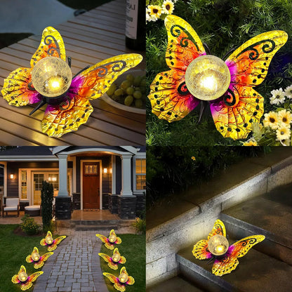 Solar Lights Outdoor Garden Butterfly Decor, Metal Butterfly Statue Decoration with LED Crackle Glass Globe, Solar Powered Lighted Garden Art Decor for Patio Lawn Yard Pathway Tabletop Ground