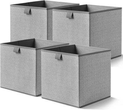 Storage Baskets, 11.8-Inch Woven Fabric Bins, Storage Cubes with Reinforced Handles, Organizer Bins for Closet Shelves, Foldable, for Toys, Clothes, Natural Beige (4PCS/Grey-11.8*11.8*11.8inch)