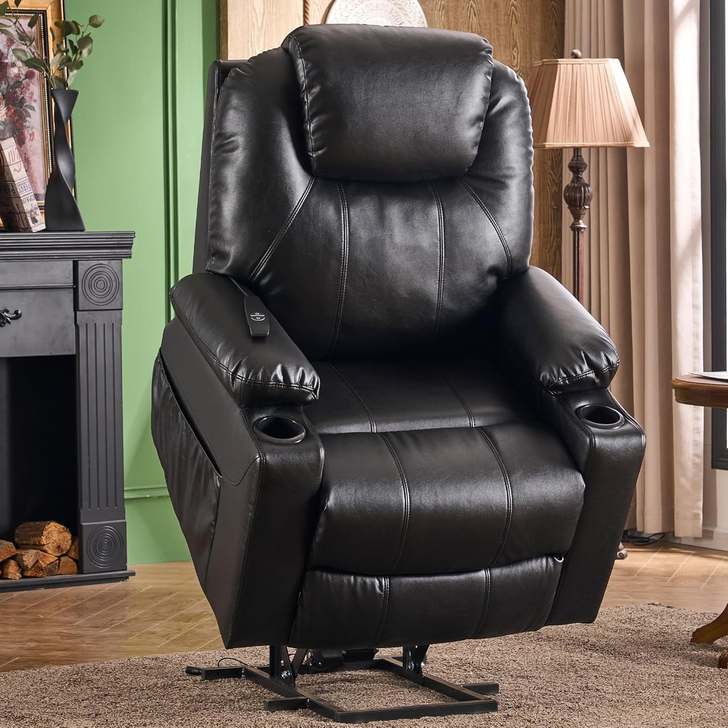 SALOHZA Power Lift Recliner Chair for Elderly with Massage and Heat for Living Room, Electric Recliner Chair for Adults with USB/Type C Port/Cup Holders, PU Faux Leather, Black