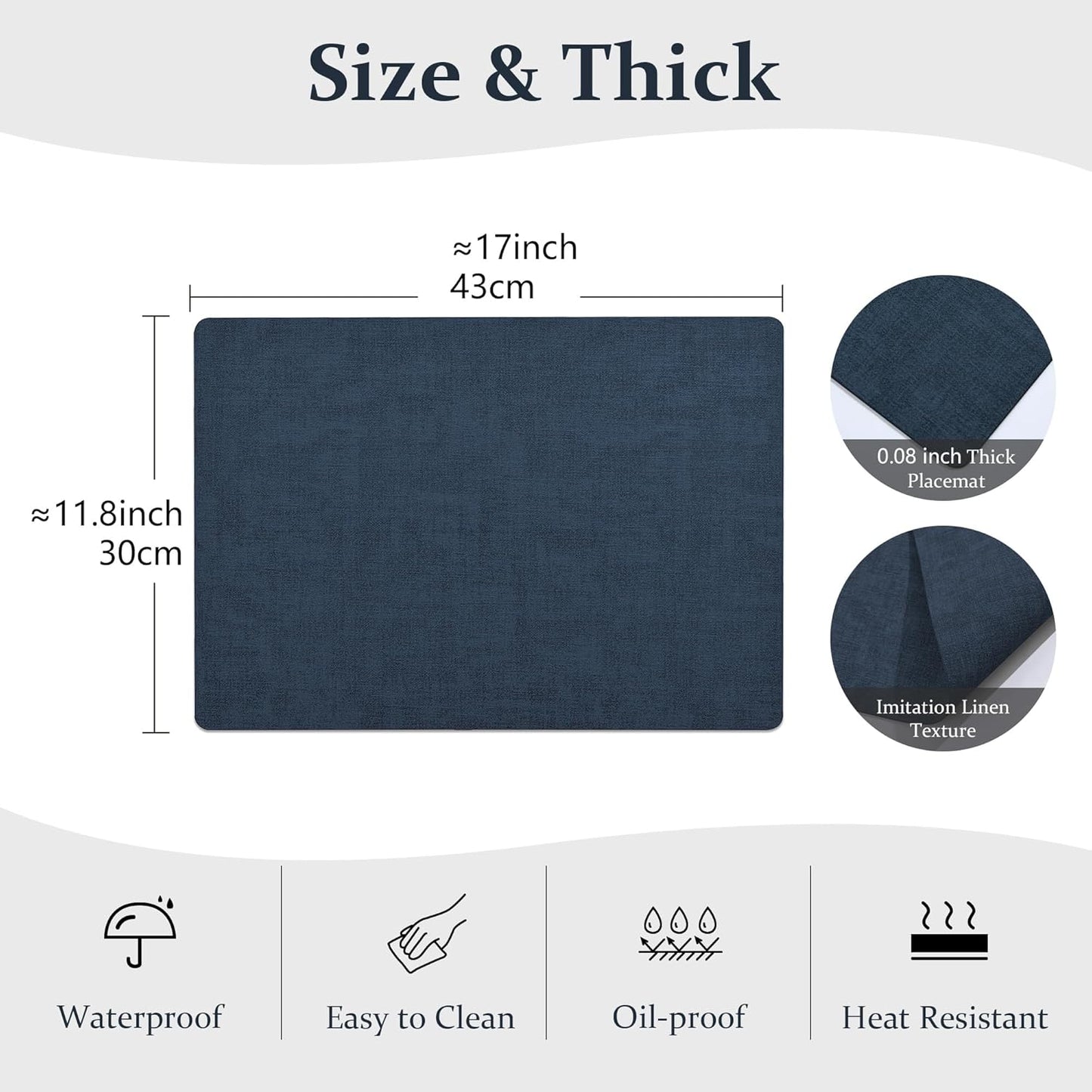 FROMHEART Faux Leather Placemats Set of 8–Waterproof,Heat/Oil Stain-Resistant PU Table Mat–Reversible,Non-Slip,Easy to Clean Place Mats for Kitchen,Dining,Indoor/Outdoor,(Dark Blue,11.8" x 17")