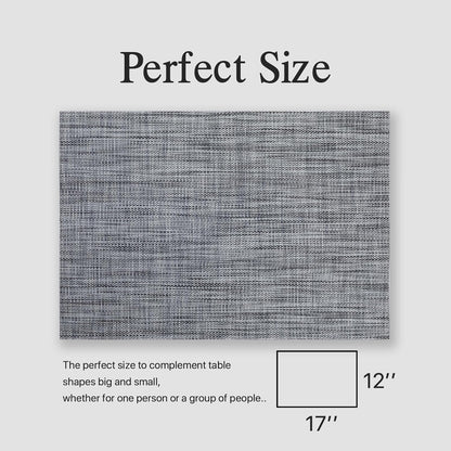 Placemats Set of 12 - Easy Clean Woven Vinyl Placemats for Dining Table, Indoor/Outdoor Place Mats, Washable PVC Table Mats（Dark Gray）