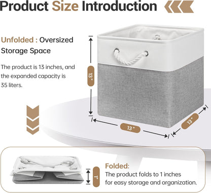 13x13 Inch Cube Storage Bins with Reinforced Bottom Cardboard, 6 Pack Large Collapsible Fabric Storage Cubes with Handles for Shelf, Closet, Toy, Laundry Organization (White&Gray)