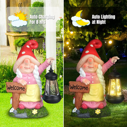 Solar Garden Gnome Statue Holding LED Lantern with Welcome Sign Outdoor Ornaments Waterproof Christmas Decoration for Outside Patio Yard Lawn Decor (Pink)