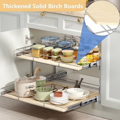 ROOMTEC 2 Tier Individual Pull Out Cabinet Organizer 19½"W x 21½"D, Slide Out Wood Shelves Organizers, Pull Out Drawers Organization and Storage for Kitchen Cabinet