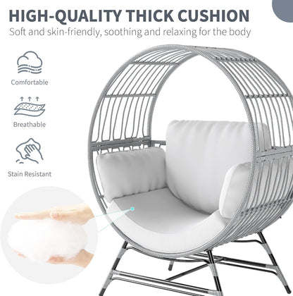Egg Chair Outdoor Indoor, Oversized Rattan Chair with Thicken Cushion, 350LBS Capacity Wicker Patio Lounge Chair, Basket Chair for Living Room Balcony Porch Backyard, Grey/Light Grey