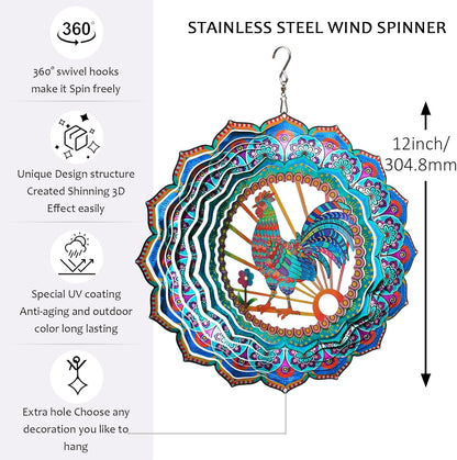 Rooster Wind Spinner for Yard and Garden,12in Wind Spinners Outdoor Rooster Gifts,Chicken Gifts for Women Mother Grandma Wife Men Father,Garden Decor Metal Hanging Yard Art Wind Sculpture