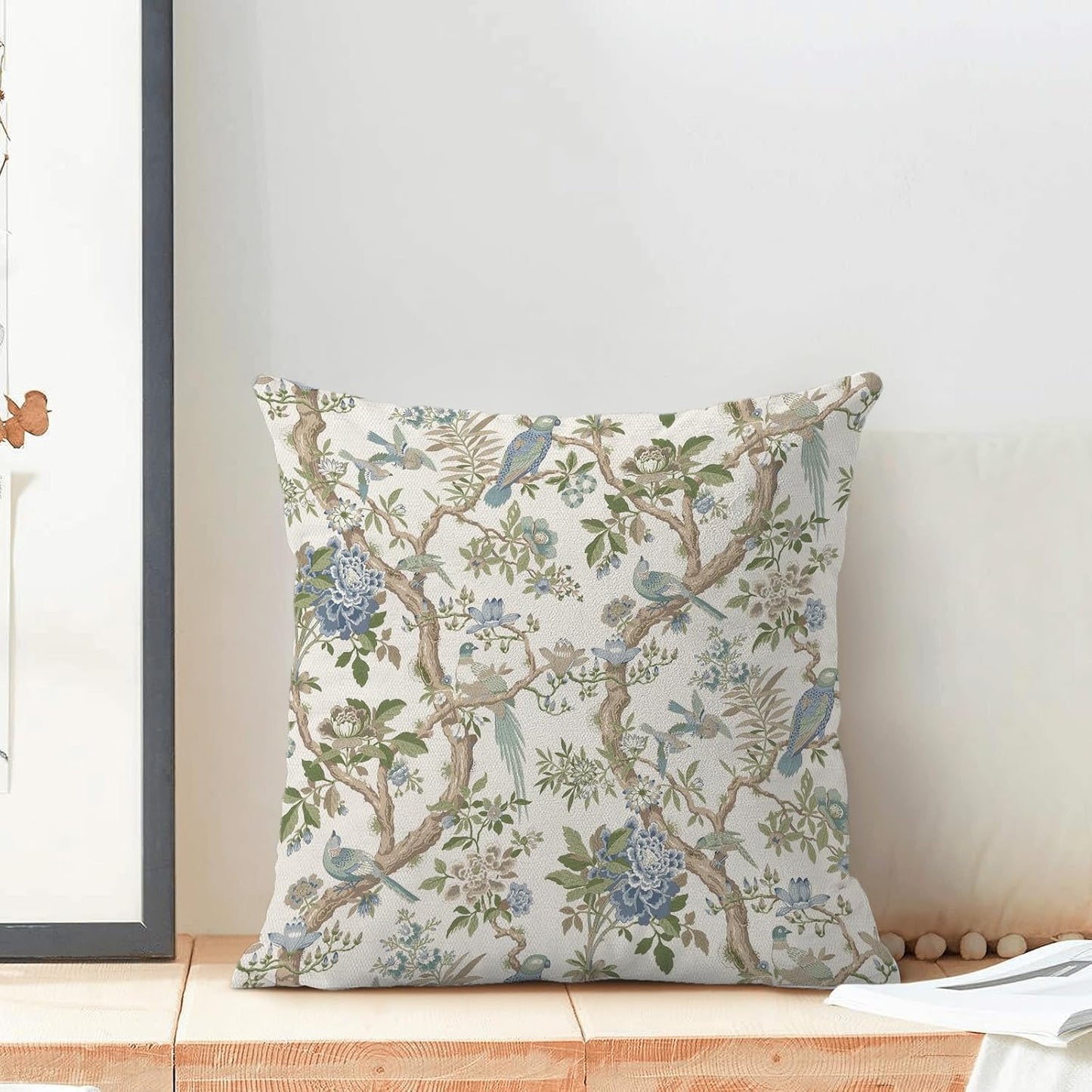 CXMEIFLY Chinoiserie Spring Pillow Covers 20 x 20 Inch Set of 2 for Blue Sage Green Vintage Flowers Bird Decor Throw Pillows Plant Farmhouse Outdoor Decorative Cushion Cases for Couch Bed Decorations