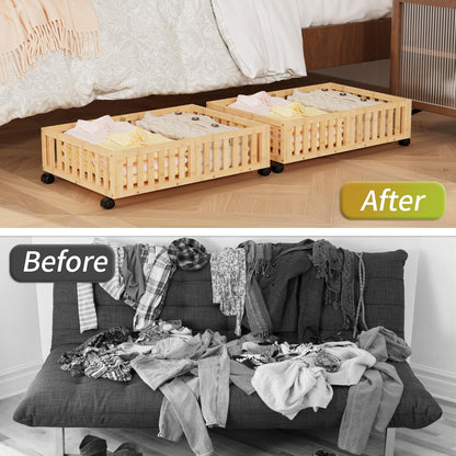 Bamboo Under Bed Storage with Wheels (2-Pack) – Rolling Underbed Shoe Organizer Box for Shoes, Blankets, Toys, Clothes Container Space-Saving Organizer Bins for Bedroom, Closet, Dorm, Nursery