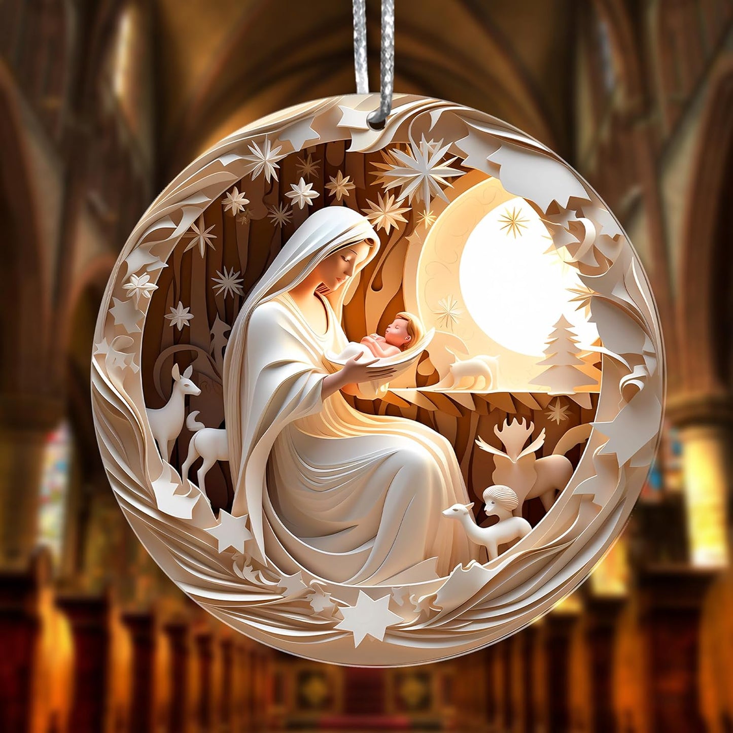 Jabihome Christmas Ornaments 2025, Exchange for Women, Men, Collectible Dated Year Ornaments for Tree, Unique Acrylic Suncatcher, Printed Stained Glass Effect Decor (Moonlit Nativity)