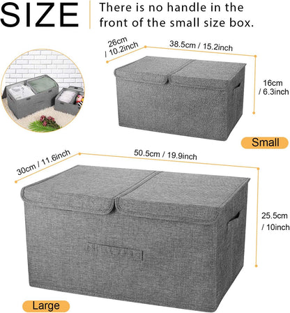 2 Pack Storage Boxes with Lids and Handles, Collapsible Linen Storage Bins Organizer Containers Baskets Cube with Removable Divider for Home Bedroom Closet Office (Cream, Large)