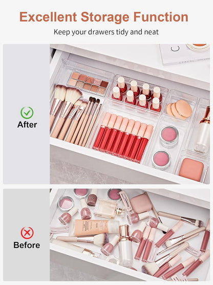 SMARTAKE 16-Piece Drawer Organizer with Non-Slip Silicone Pads, 5-Size Desk Storage Tray for Makeup, Jewelries, Utensils in Bedroom Dresser, Office and Kitchen, Clear