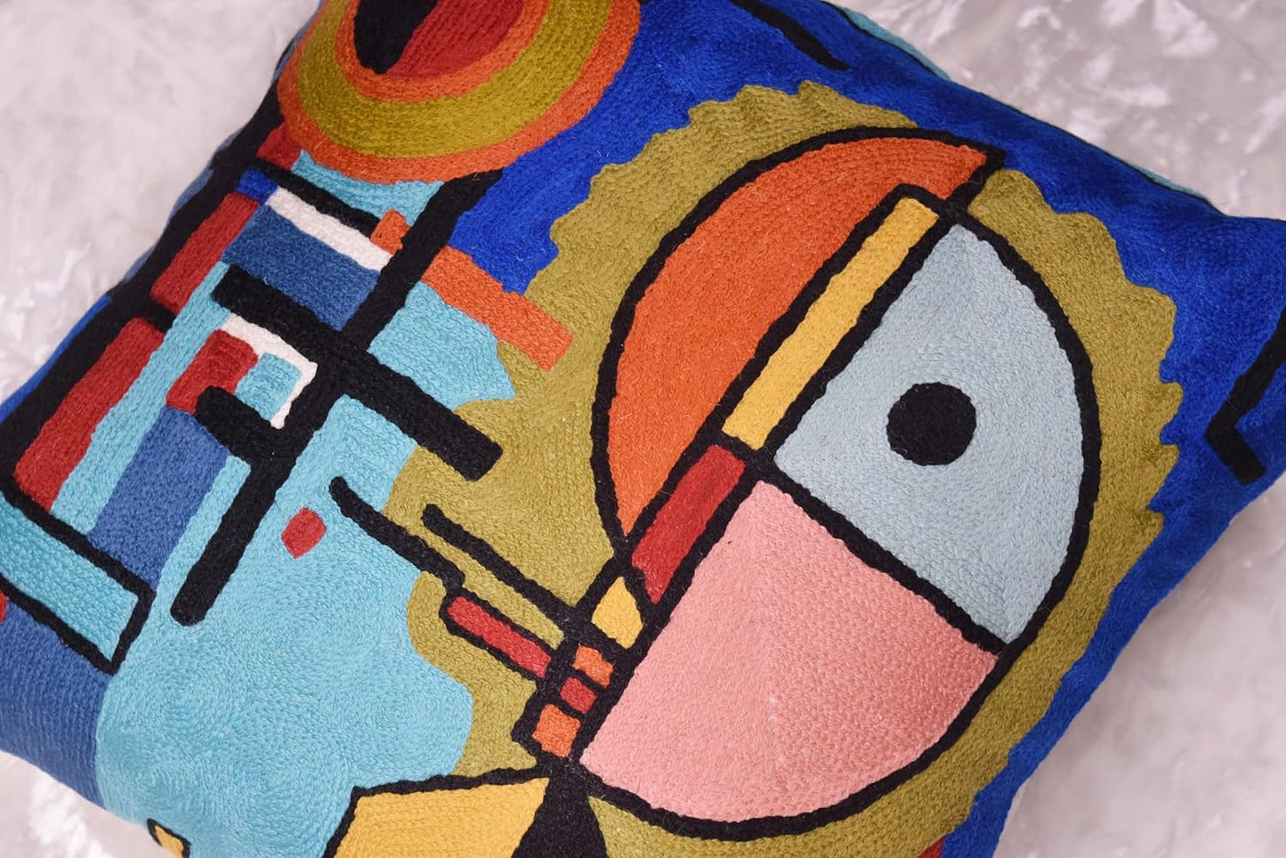 Kandinsky Upwards Abstract Pillow Cover Blue Decorative Throw Pillowcase Modern Chair Cushion Contemporary Accent Pillowsham Couch Handembroidered Wool Size 18x18