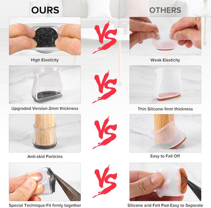 24PCS Upgraded Silicone Chair Leg Floor Protectors for Hardwood Floors, Furniture Sliders for Chair Legs, Felt Bottom Furniture Pads, Anti-Slip Round&Square Cap Covers to Scratch and Reduce Noise